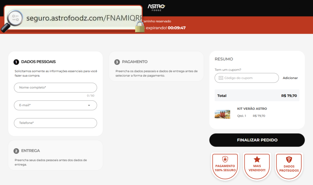 Checkout transparente Astro Foodz. Há um zoom na URL, indicando o domínio.