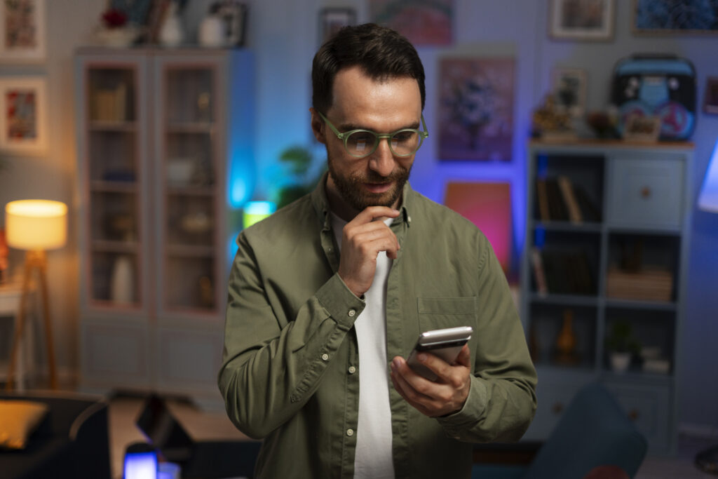 Homem olhando para seu celular.